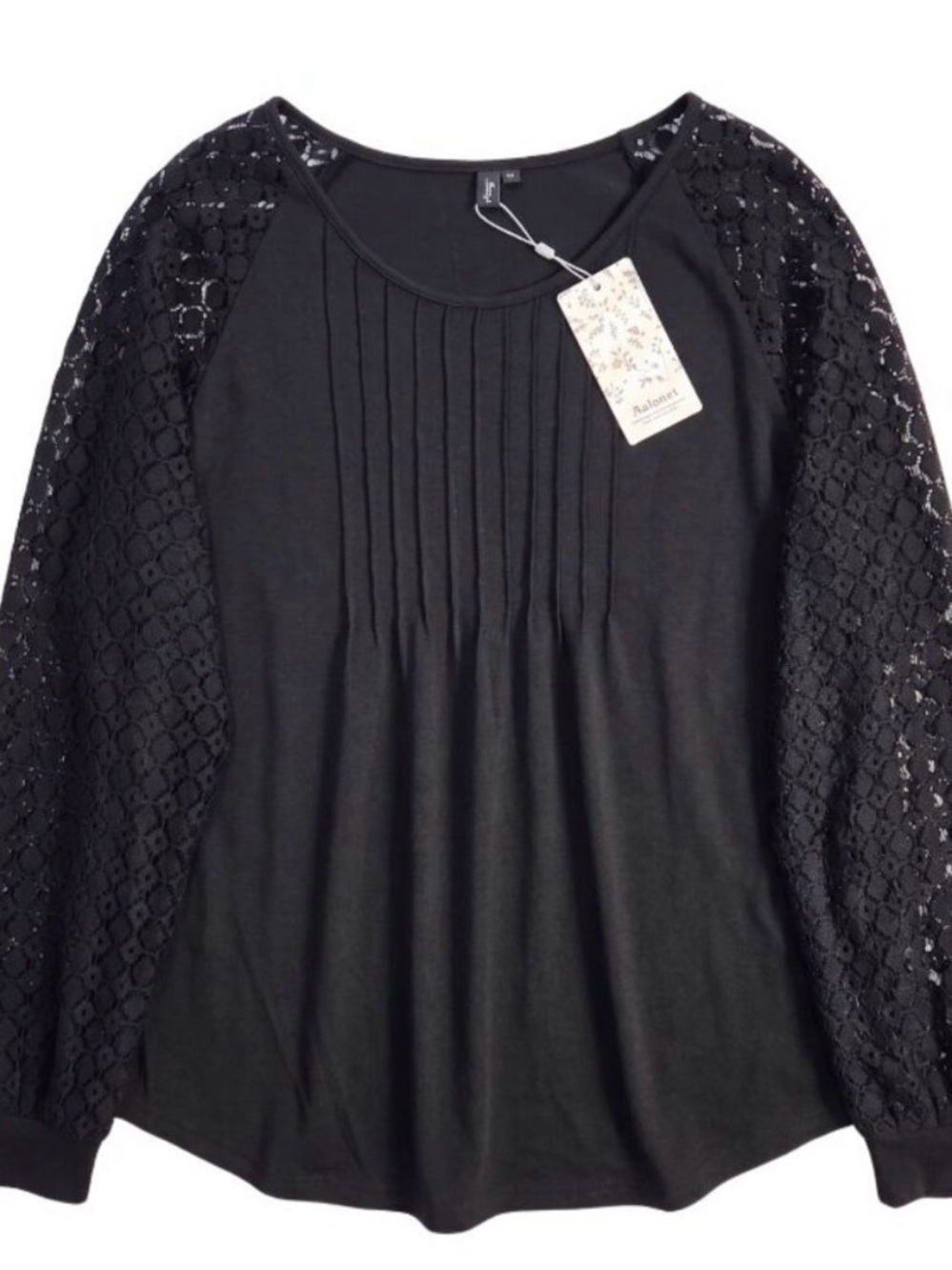 Automet Black Pleated Front Lace Long Sleeve Blouse